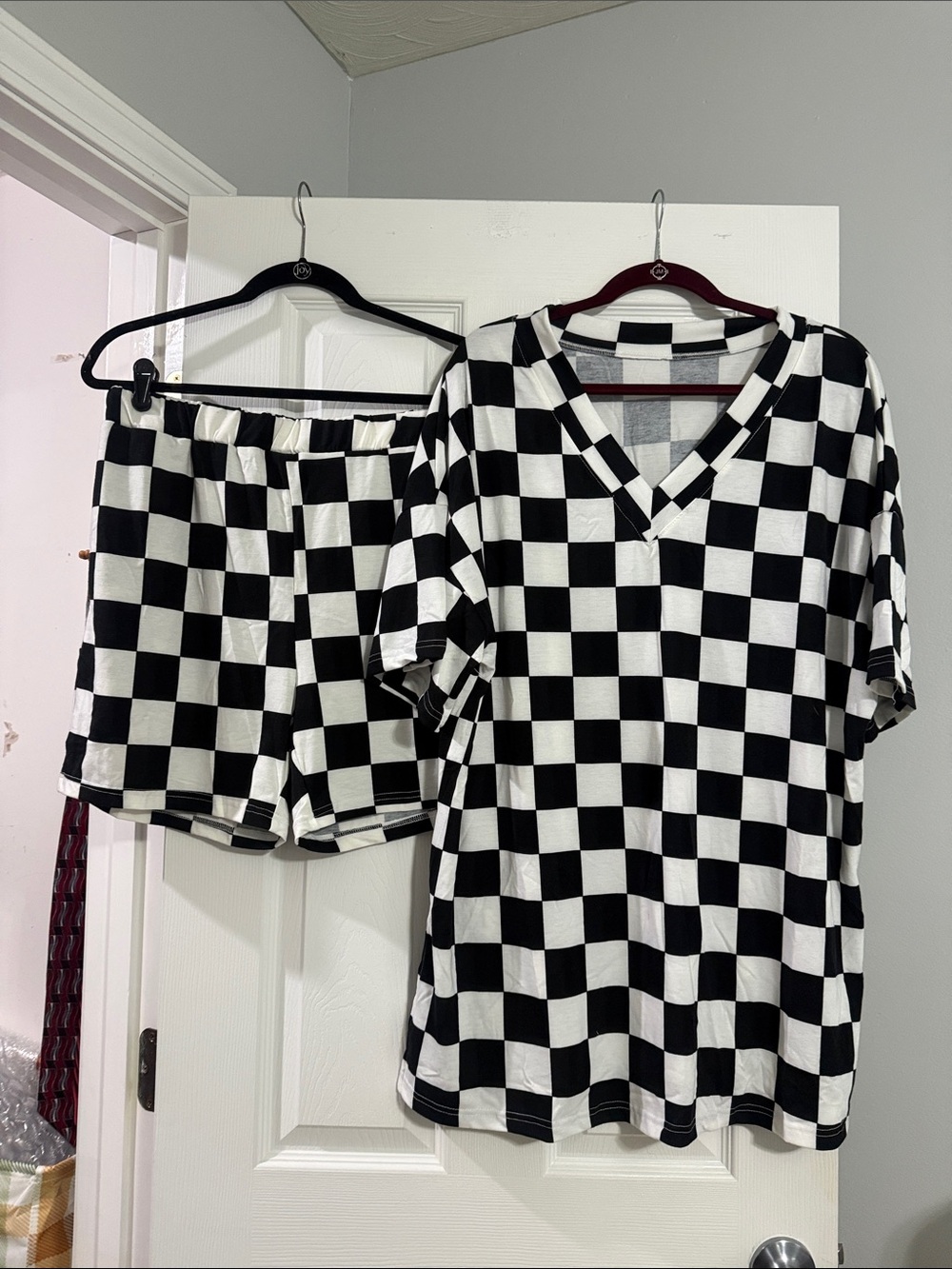 Black & White Checkered Lounge Set - Tee + Shorts